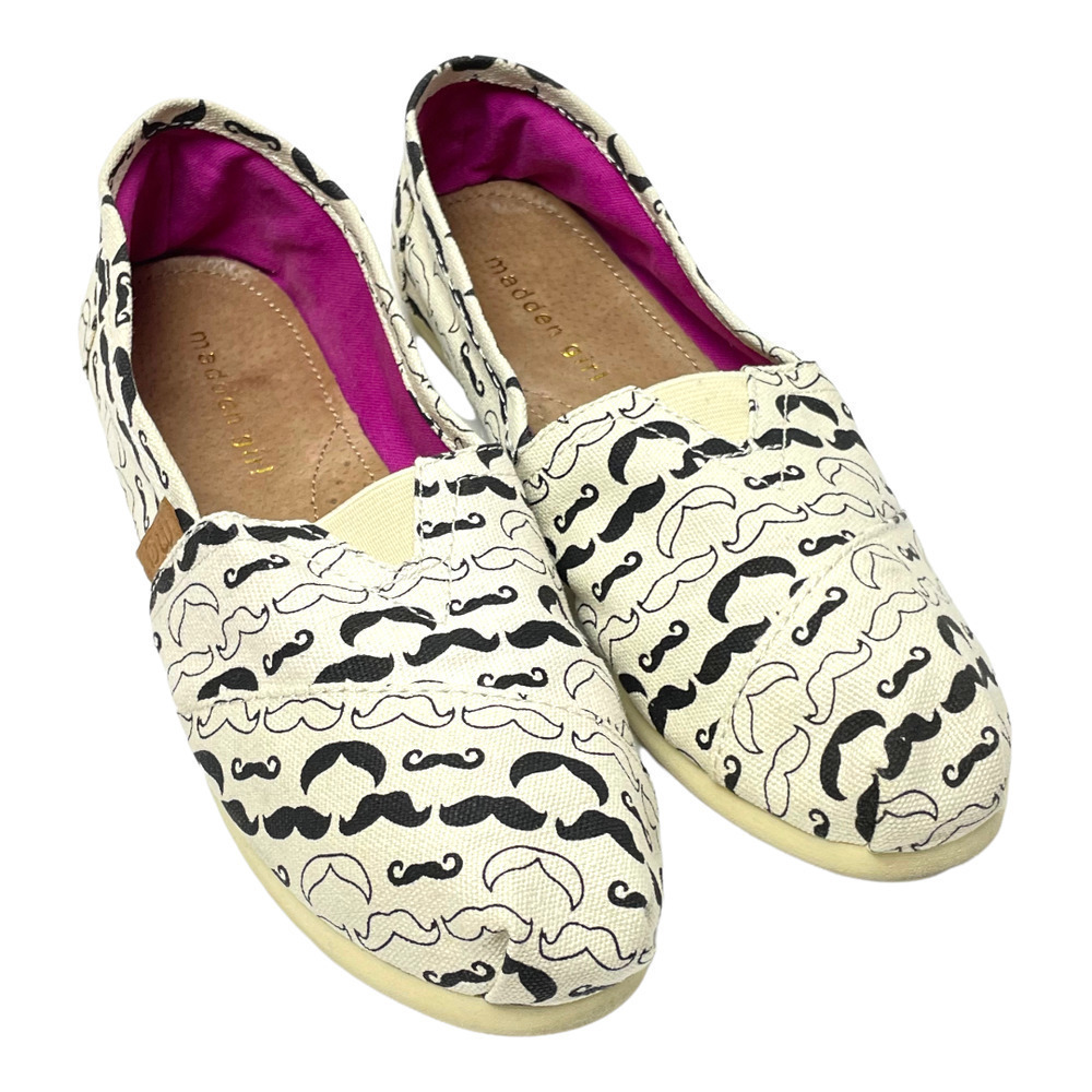 🍀Madden Girl White Black Gloriee Mustache Canvas Alpargata Flats Women’s Size 7
